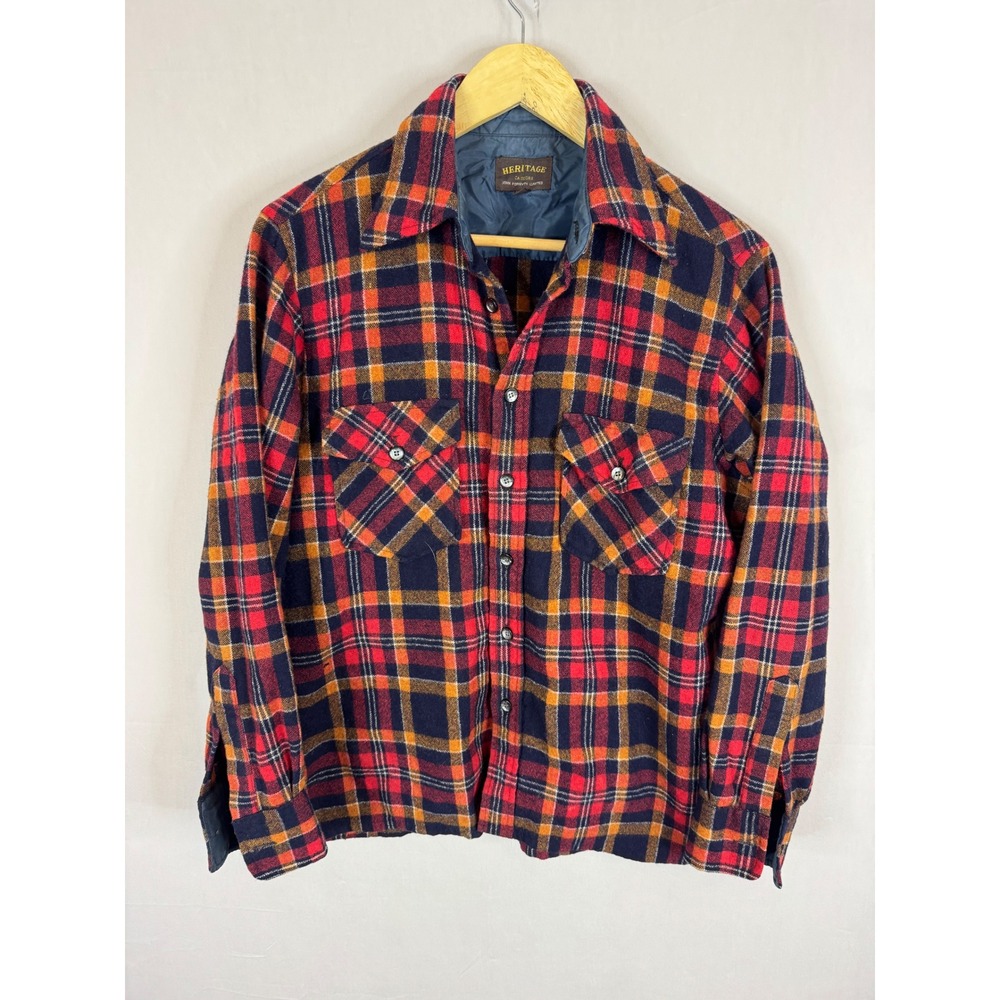 Heritage‎ John Forsyth Mens Plaid Flannel Shirt Red Orange Navy Lined Size M